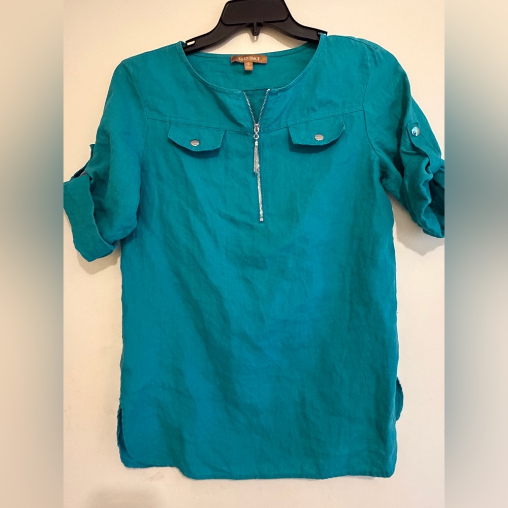 Ellen Tracy Teal/Turquoise Linen Blouse with Zipper Accent Size Small